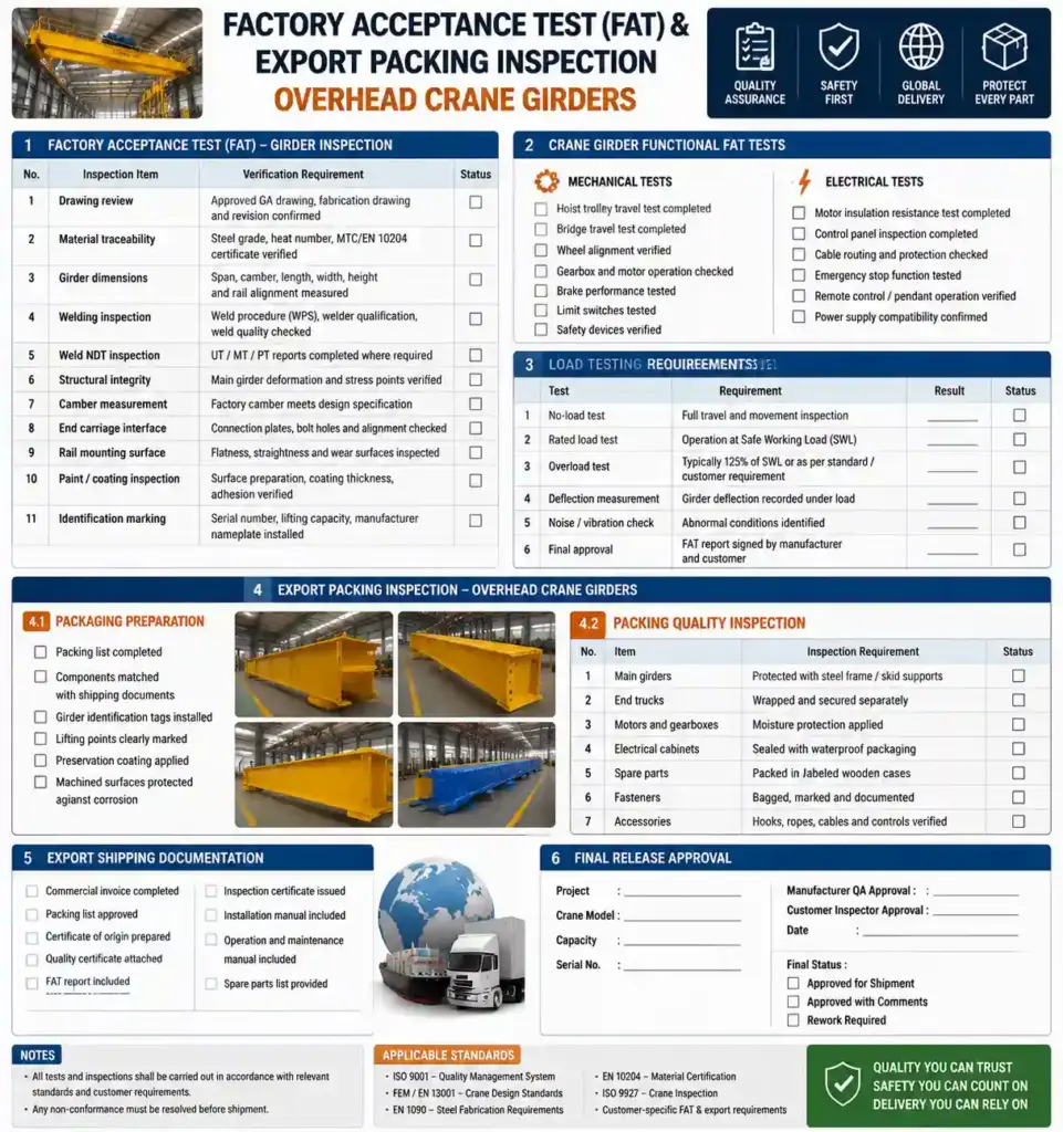 Factory acceptance test FAT and export packing inspection for overhead crane girders