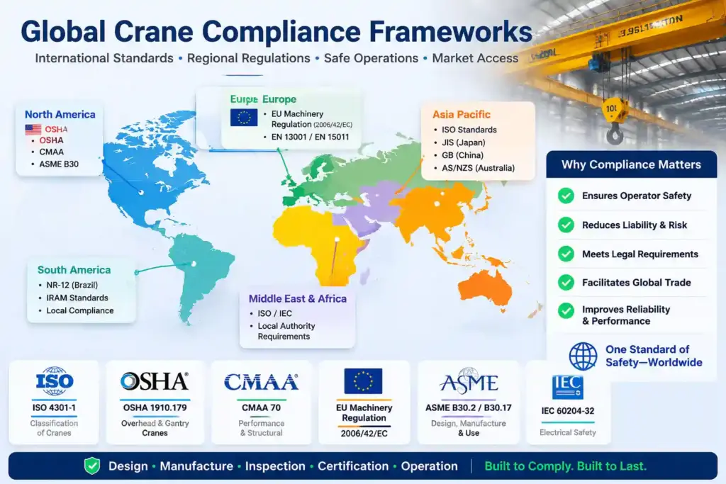 Global map outlining international crane compliance frameworks including ISO, OSHA, CMAA, and EU Machinery Regulation standards