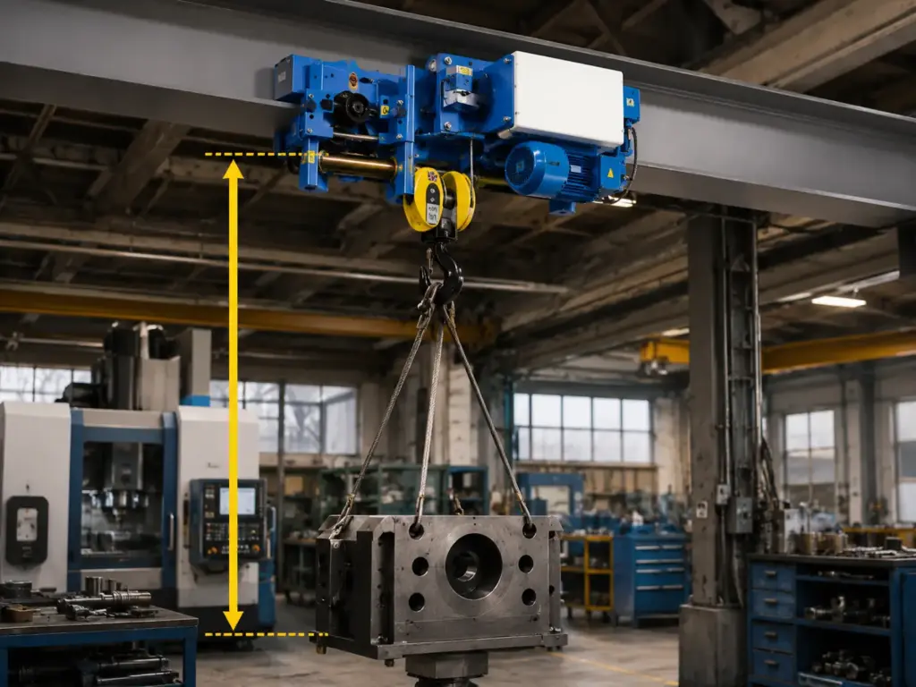 Low headroom hoist maximizing lifting height in workshop