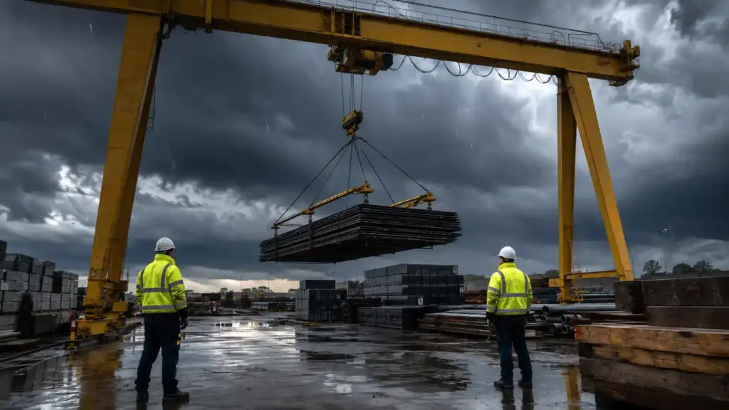 Outdoor gantry crane lifting steel plates in stormy weather