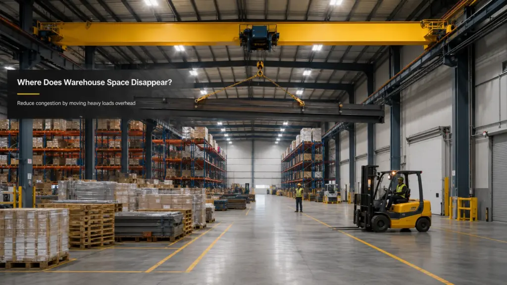 Overhead crane moving heavy loads above warehouse floor