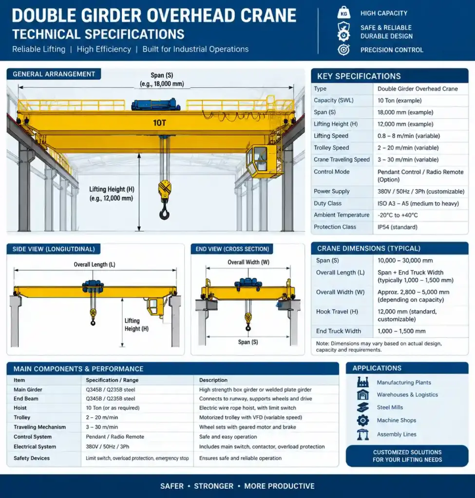 Overhead crane technical specifications sheet showing span, capacity, and lifting height
