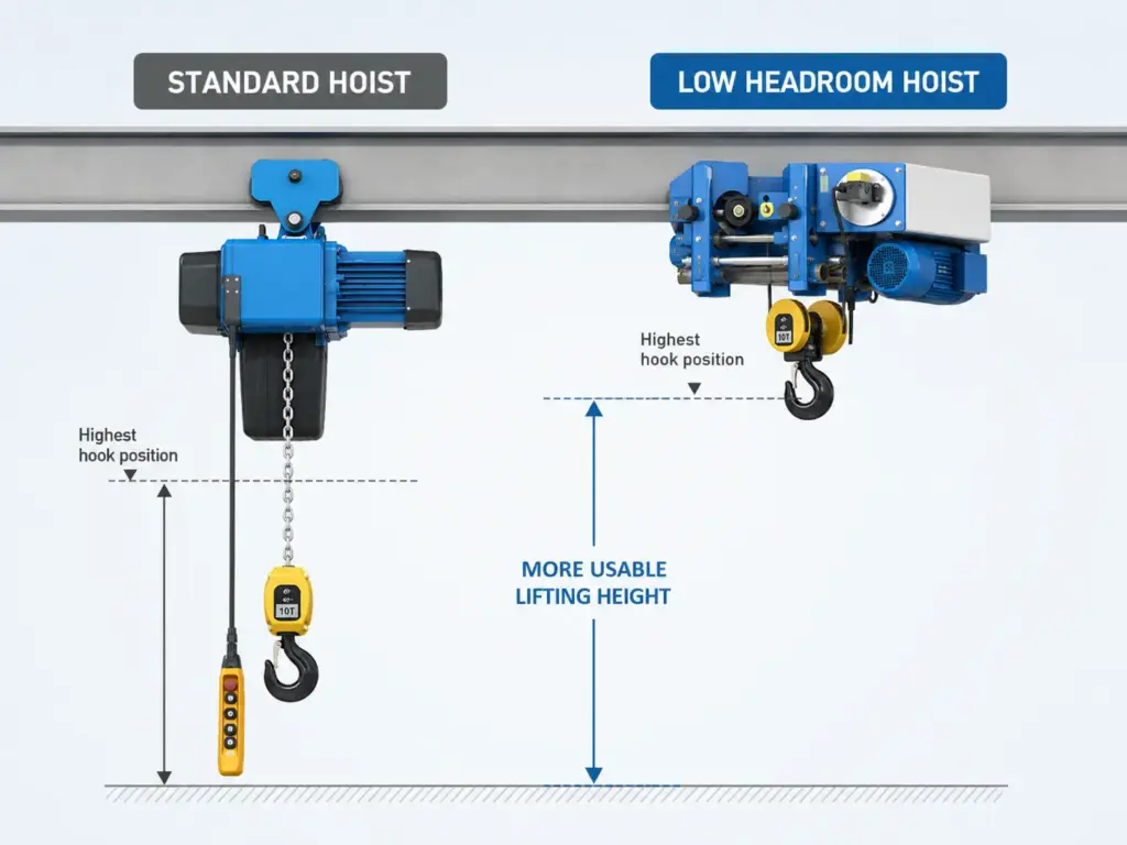 Standard vs low headroom hoist lifting height comparison
