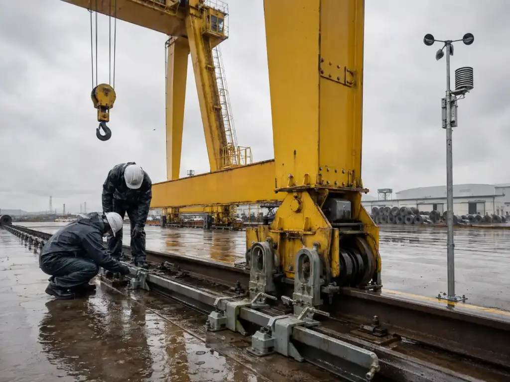 Workers inspecting gantry crane rail clamps after rain